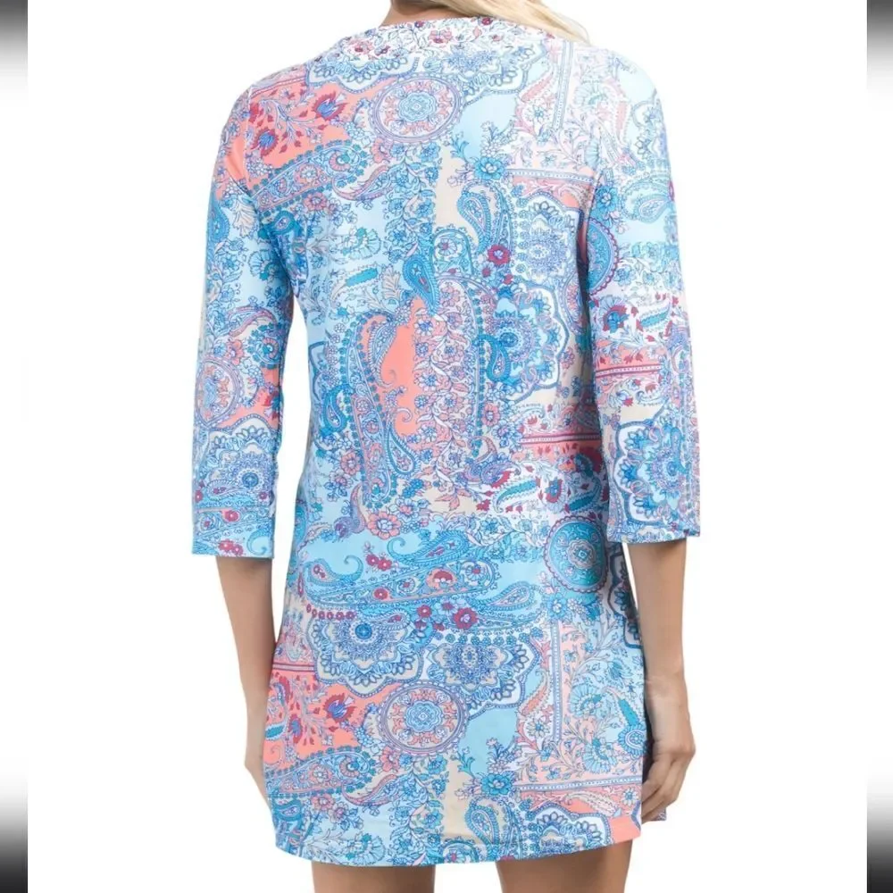 AQUA ET SOL Upf 50 3/4 Sleeve Cape Cod Lace Up Tunic Resortwear Coverup Small - Picture 2 of 10